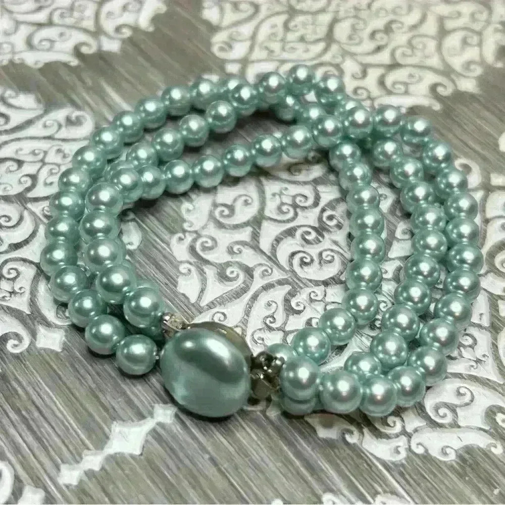 Vintage Light Blue Faux Pearl Three Strand Bracelet